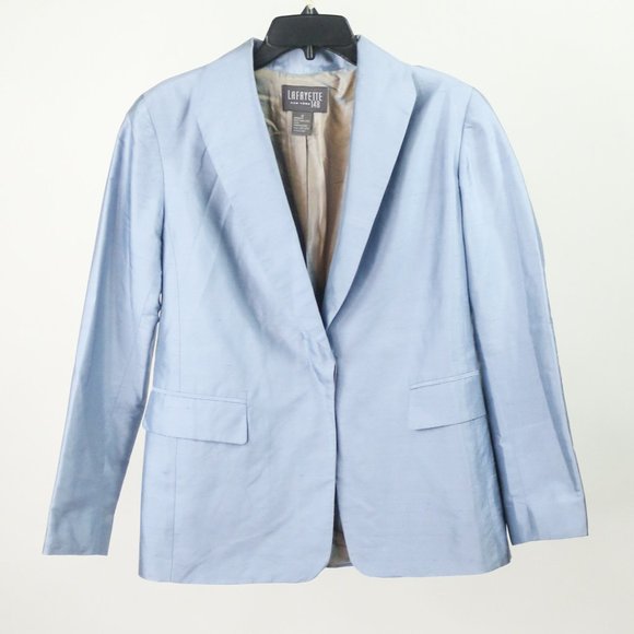 Lafayette 148 100% Silk Blue Single Breasted Blazer Jacket Shiny Shimmery - Picture 1 of 5